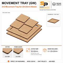 25×25mm Movement Tray (GW) – 2×2 – 4 bases / 2mm MDF