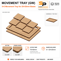 25×25mm Movement Tray (GW) – 3×2 – 6 bases / 3mm MDF