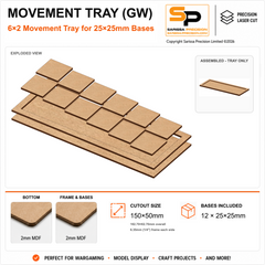 25×25mm Movement Tray (GW) – 6×2 – 12 bases / 2mm MDF