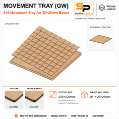 25×25mm Movement Tray (GW) – 9×9 – 81 bases / 2mm MDF