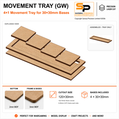 30×30mm Movement Tray (GW) – 4×1 – 4 bases / 3mm MDF