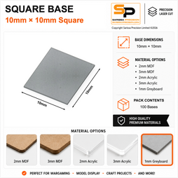 Square Bases – 10×10mm (×100) / 1mm Greyboard / Rounded Corners