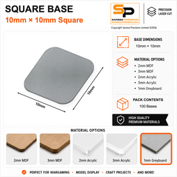 Square Bases – 10×10mm (×100) / 1mm Greyboard / Rounded Corners