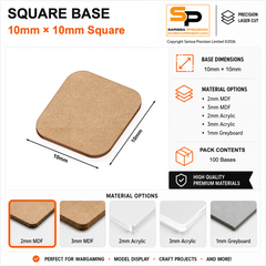 Square Bases – 10×10mm (×100) / 2mm MDF / Rounded Corners
