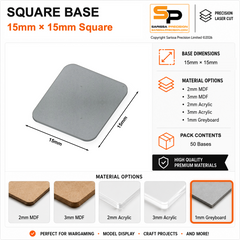 Square Bases – 15×15mm (×50) / 1mm Greyboard / Rounded Corners