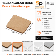 Rectangular Bases – 15mm Deep – 20×15mm (×70) / 3mm MDF / Rounded Corners