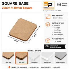 Square Bases – 30×30mm (×24) / 3mm MDF / Rounded Corners