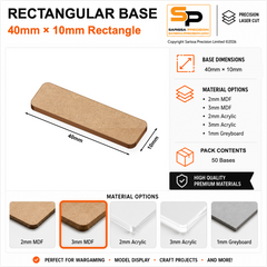 Rectangular Bases – 10mm Deep – 40×10mm (×50) / 3mm MDF / Rounded Corners