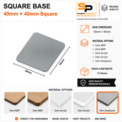 Square Bases – 40×40mm (×15) / 1mm Greyboard / Rounded Corners