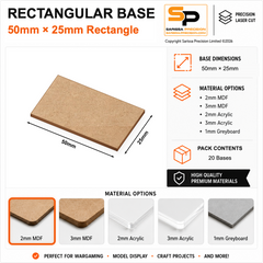 Rectangular Bases – 25mm Deep – 50×25mm (×20) / 2mm MDF / Rounded Corners