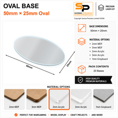 Oval Bases – 50×25mm (×20) / 2mm Clear Acrylic