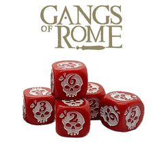 Red dice with skull designs used as damage trackers in the Gangs of Rome game