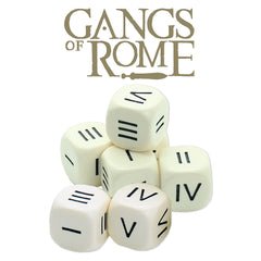 Six-sided dice with Roman numeral markings used in the Gangs of Rome game.