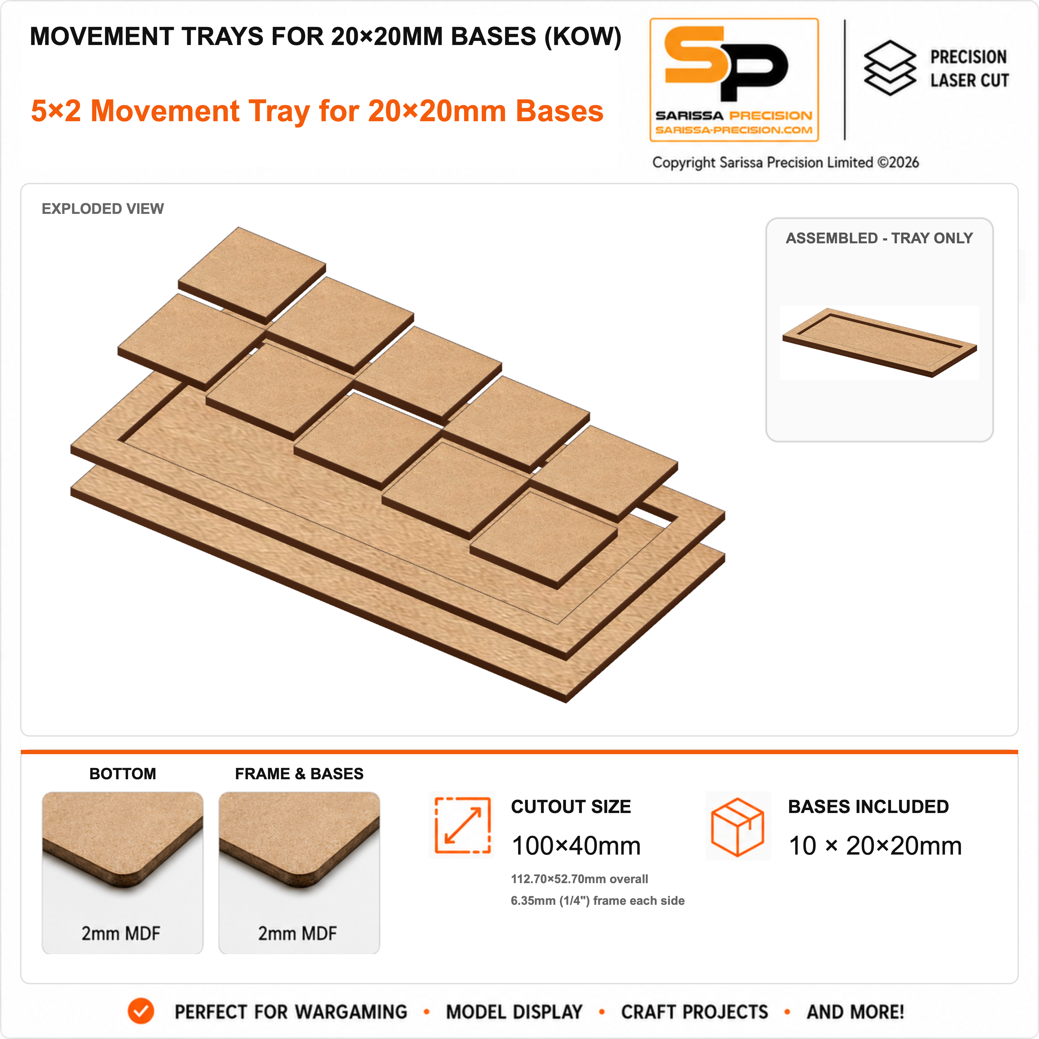 Movement Trays for 20×20mm Bases (KoW) – Troop – 5×2 (100×40mm) / 2mm MDF