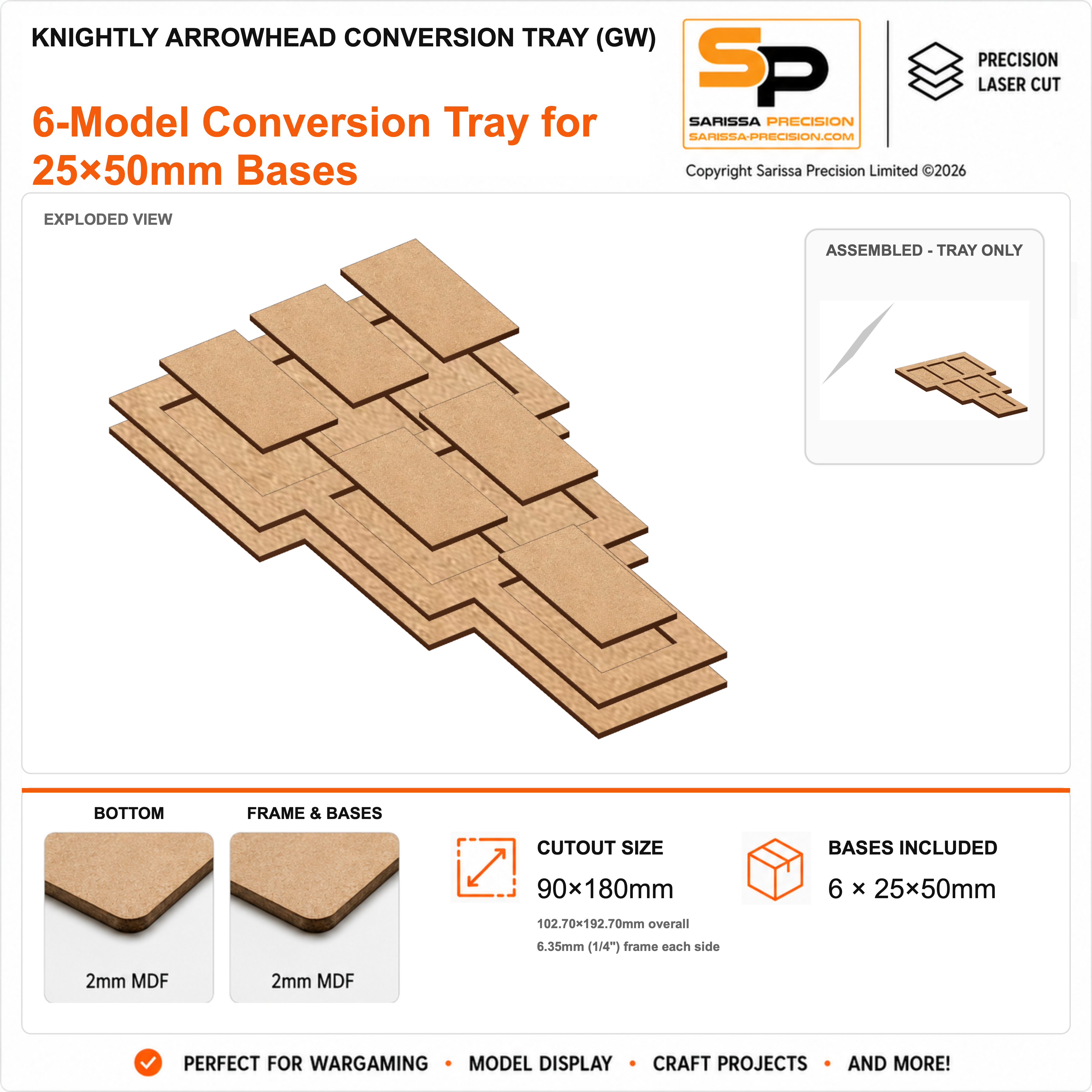 Knightly 6 Arrowhead Conversion Tray for 25×50mm Bases (GW) – 2mm MDF
