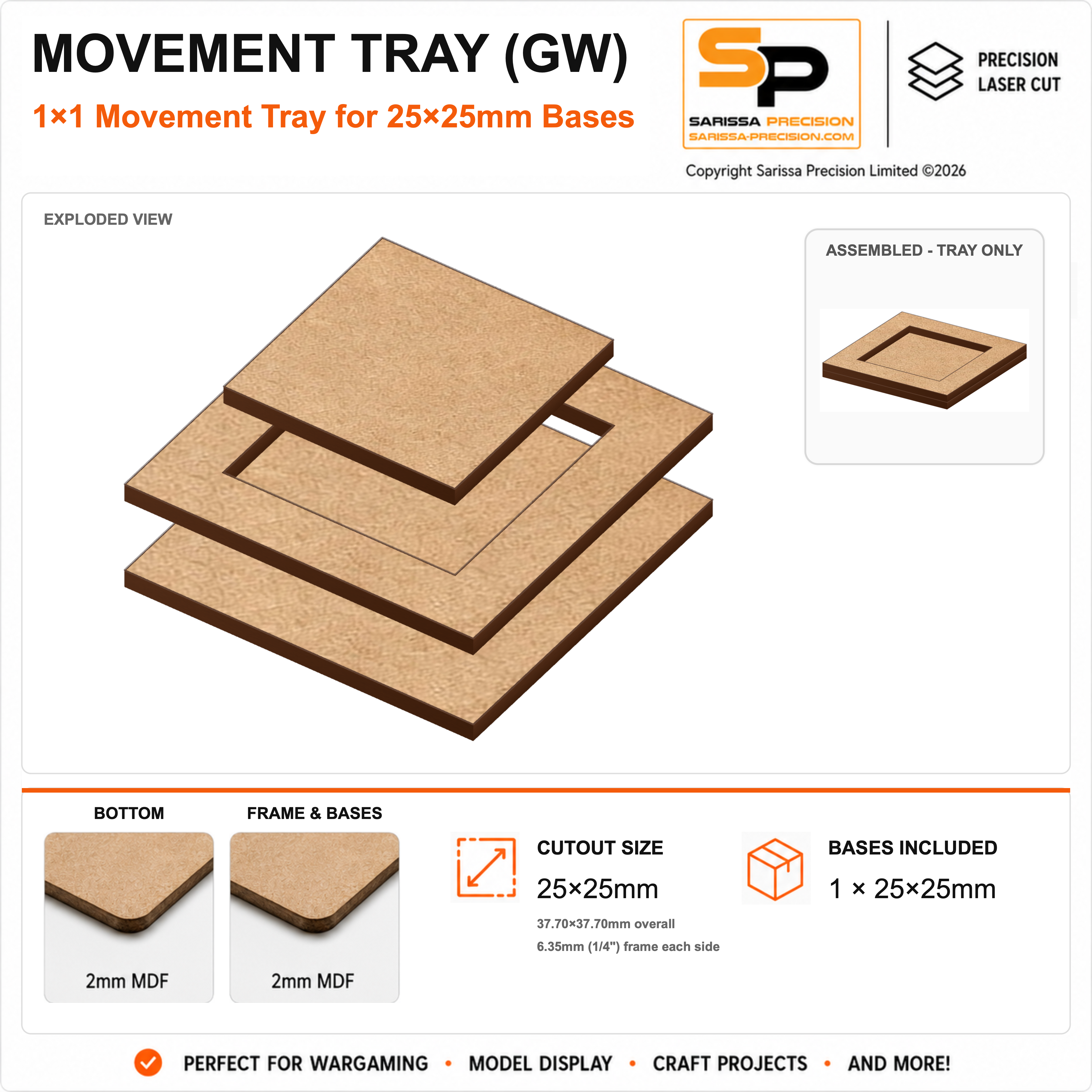 25×25mm Movement Tray (GW) – 1×1 – 1 base / 2mm MDF
