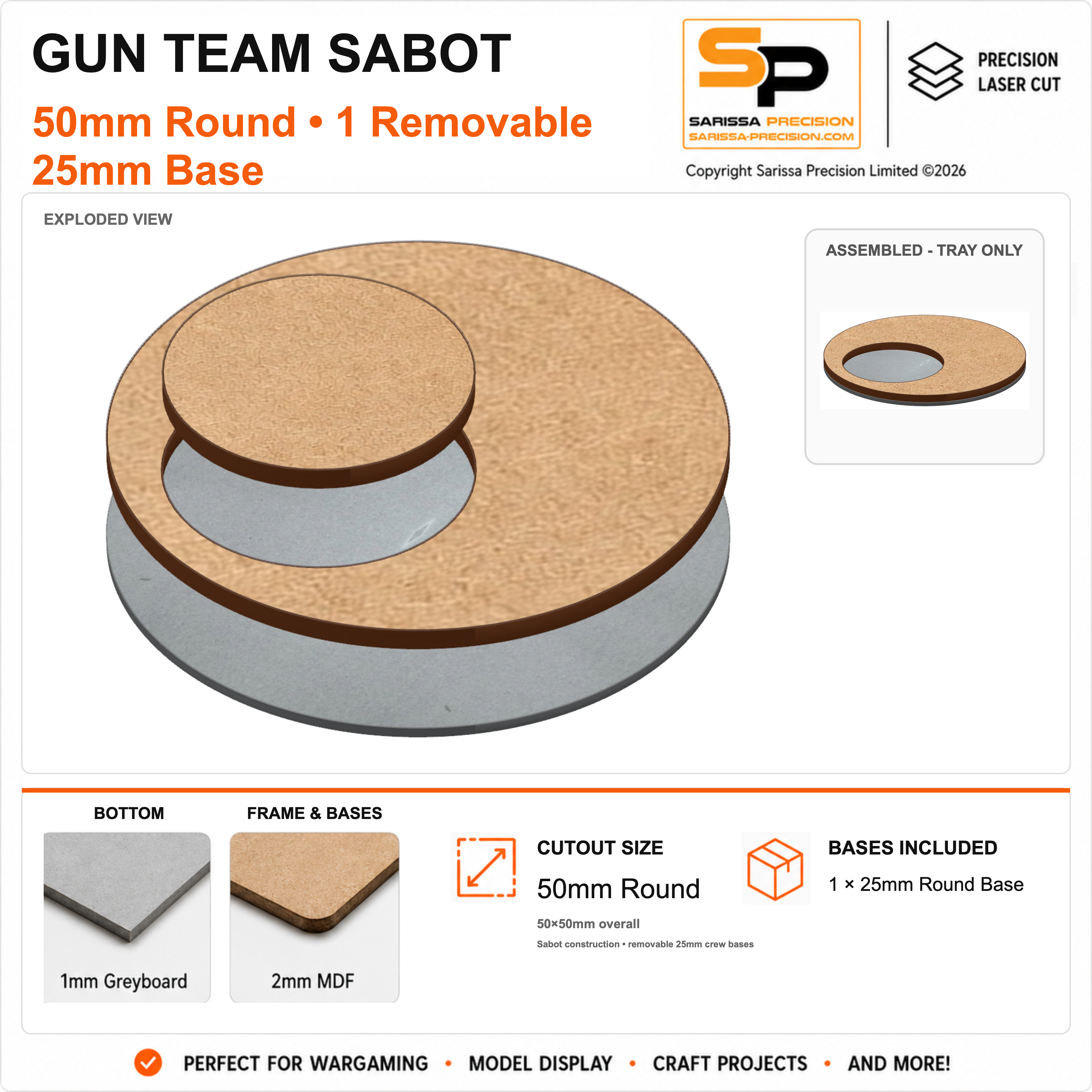 50mm Small Gun Team Base for 25mm Round Bases – 1mm Greyboard / 2mm MDF Top & Bases