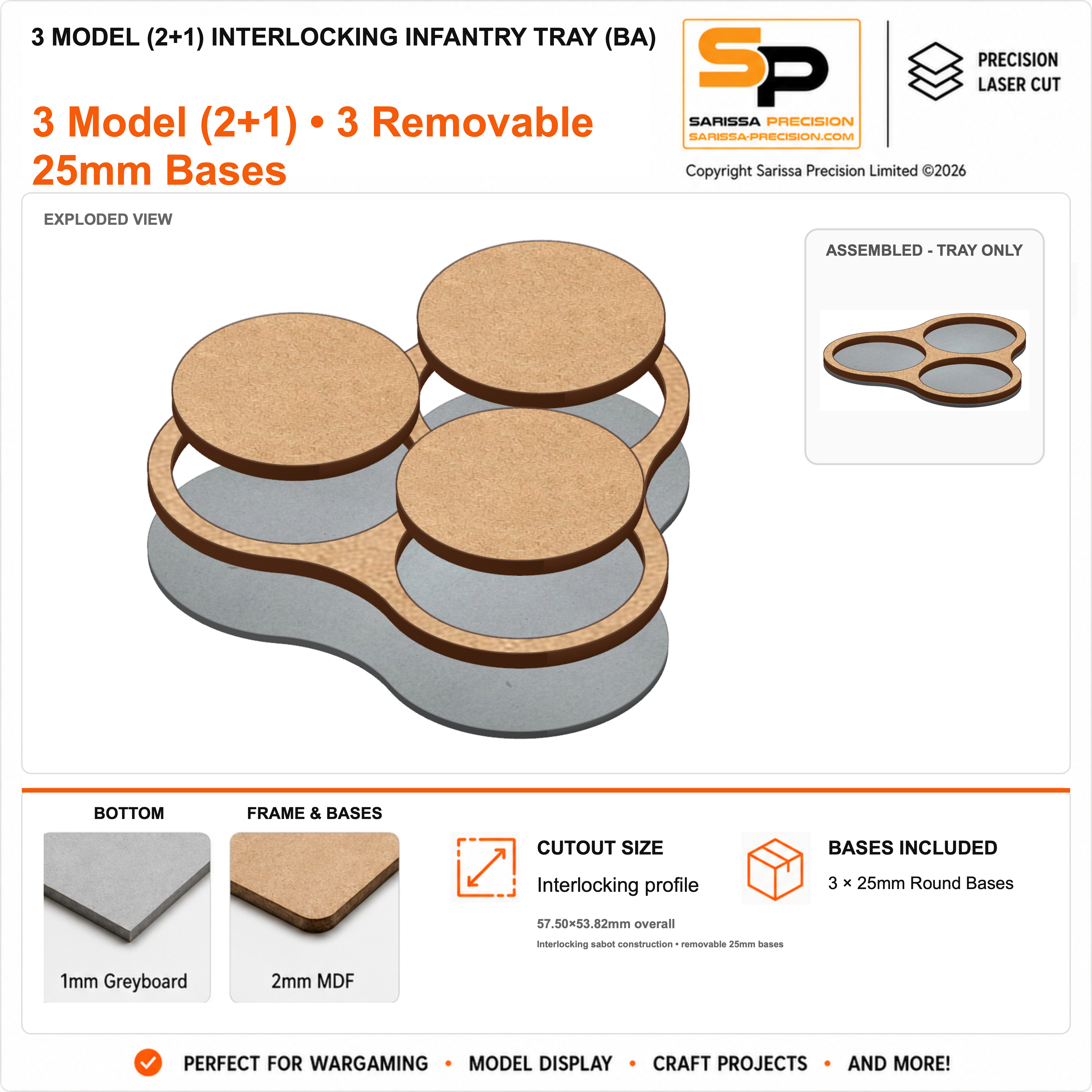 3 Model (2+1) Interlocking Infantry Tray (BA) – 1mm Greyboard / 2mm MDF Top & Bases
