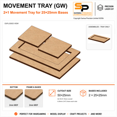 25×25mm Movement Tray (GW) – 2×1 – 2 bases / 2mm MDF