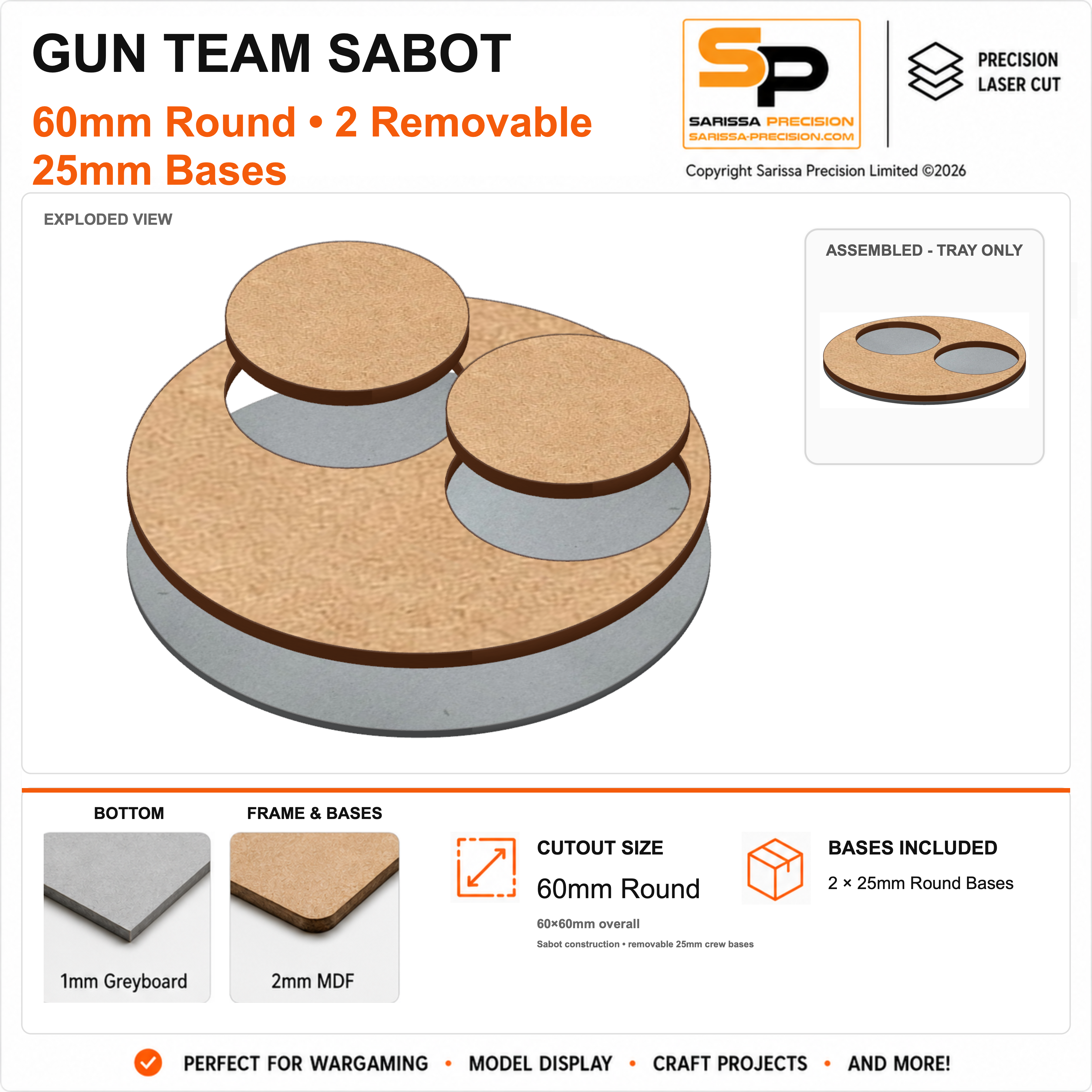 60mm Medium Gun Team Base for 25mm Round Bases – 1mm Greyboard / 2mm MDF Top & Bases