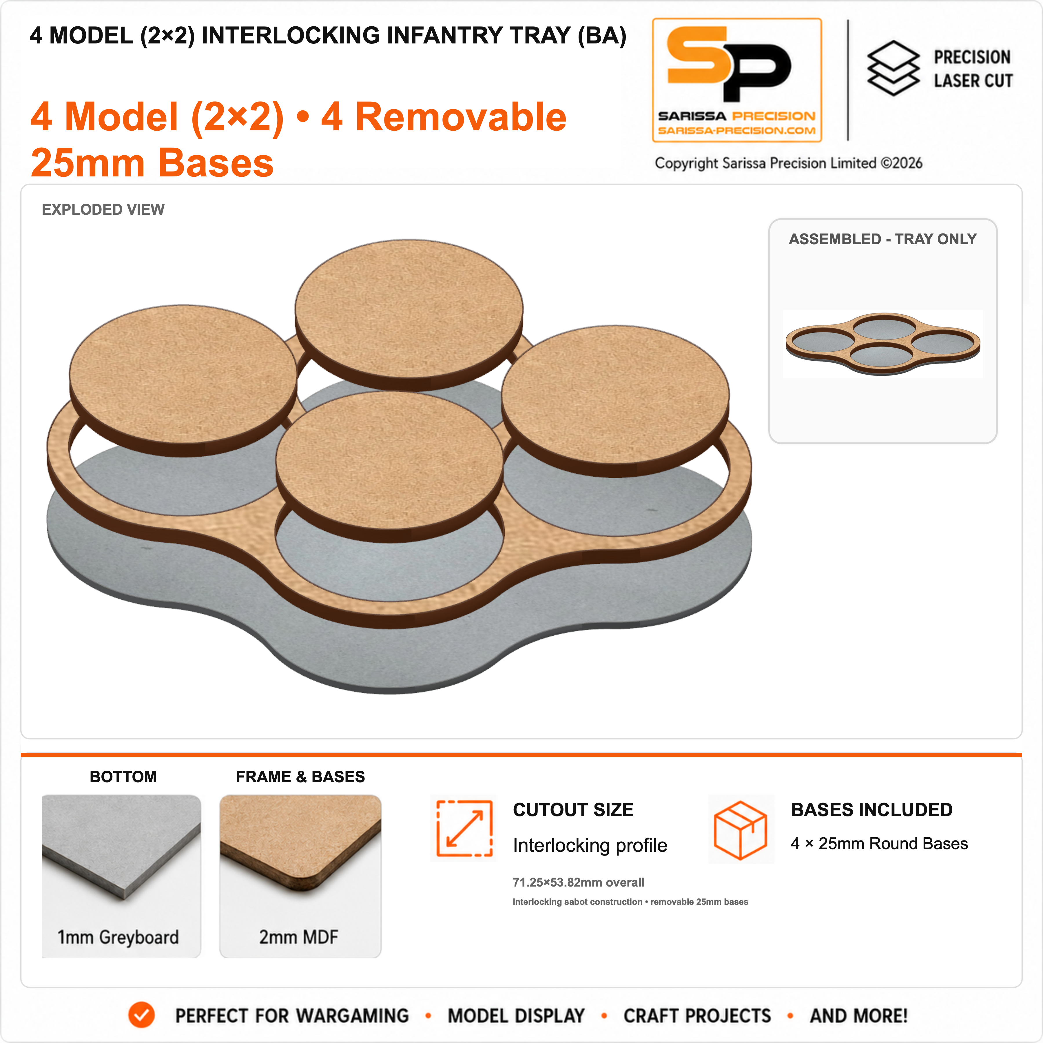 4 Model (2×2) Interlocking Infantry Tray (BA) – 1mm Greyboard / 2mm MDF Top & Bases