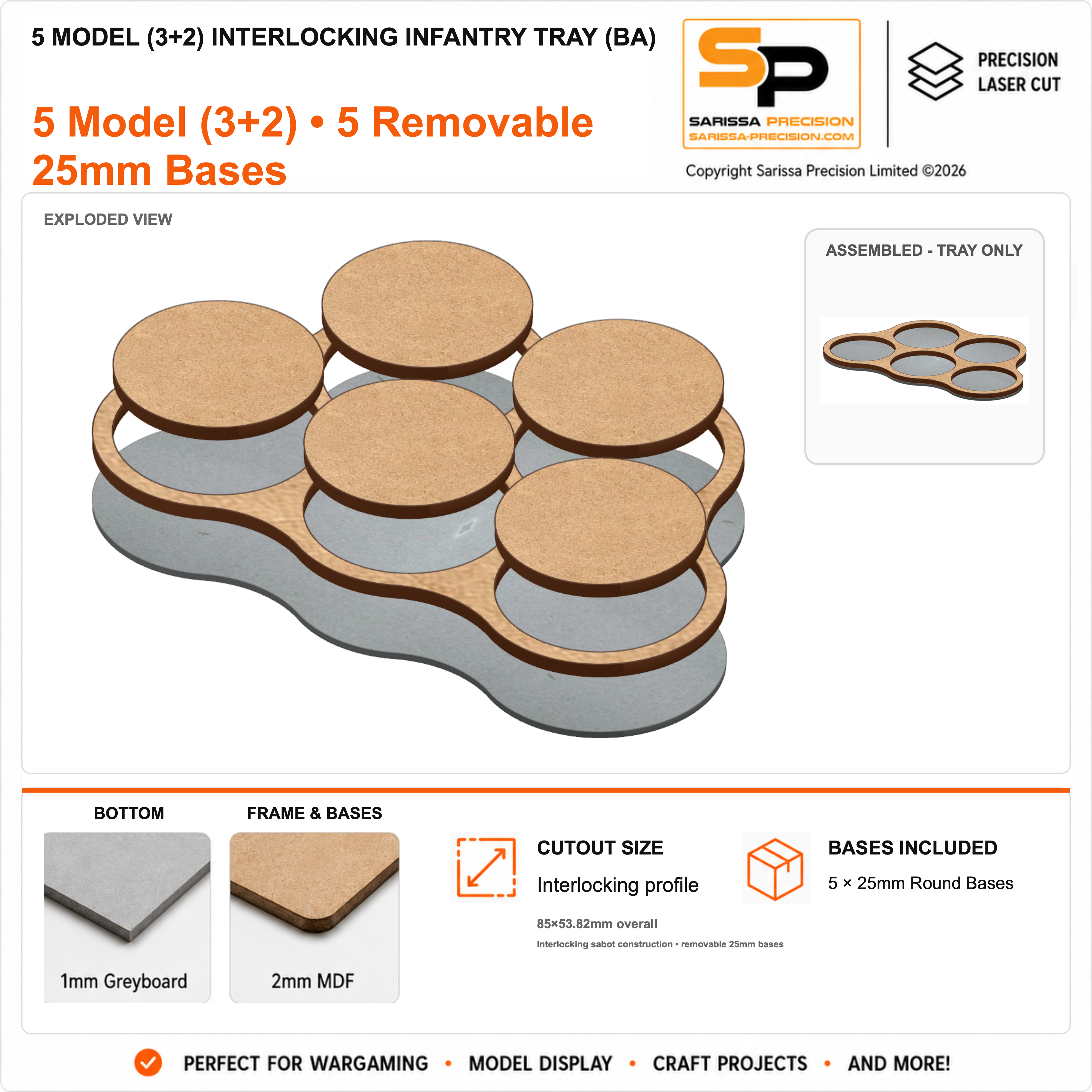 5 Model (3+2) Interlocking Infantry Tray (BA) – 1mm Greyboard / 2mm MDF Top & Bases