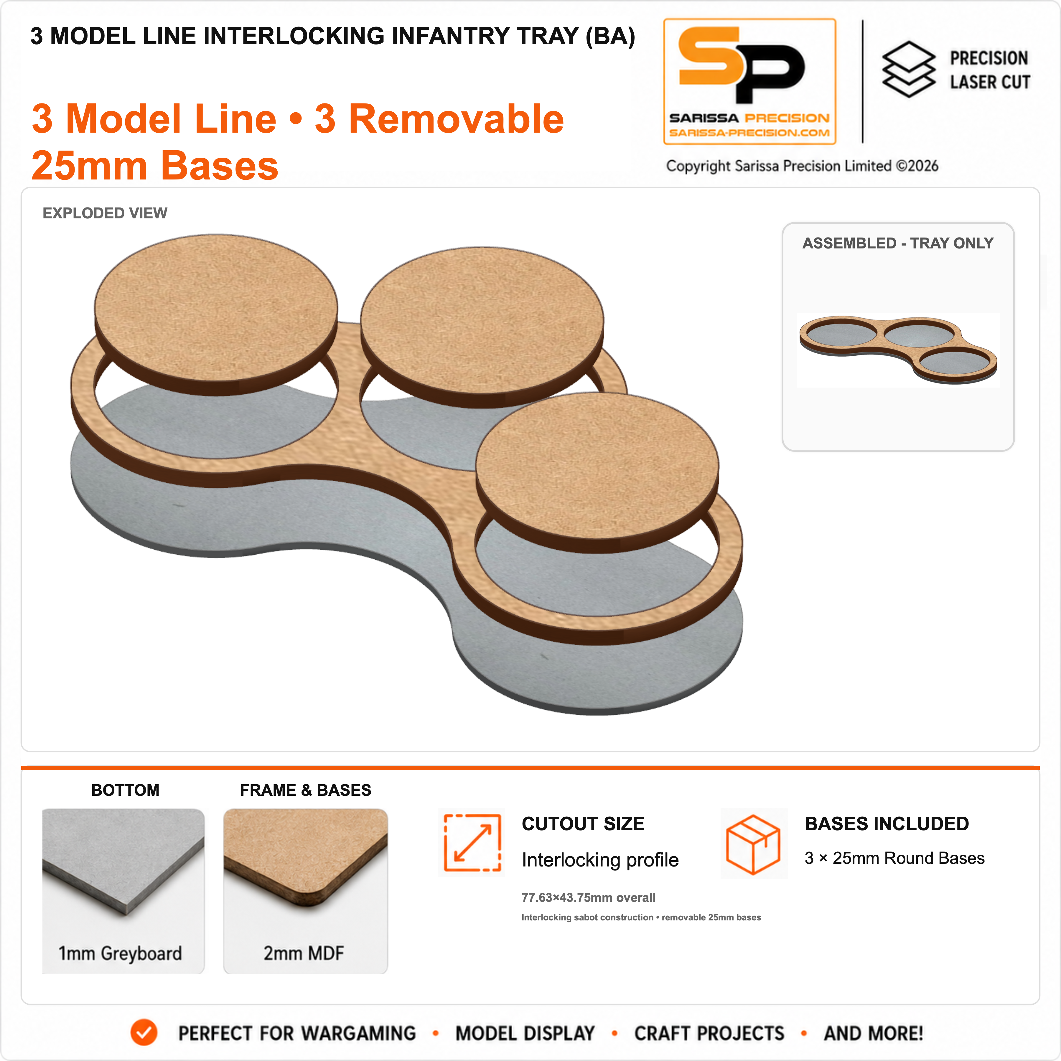 3 Model Line Interlocking Infantry Tray (BA) – 1mm Greyboard / 2mm MDF Top & Bases