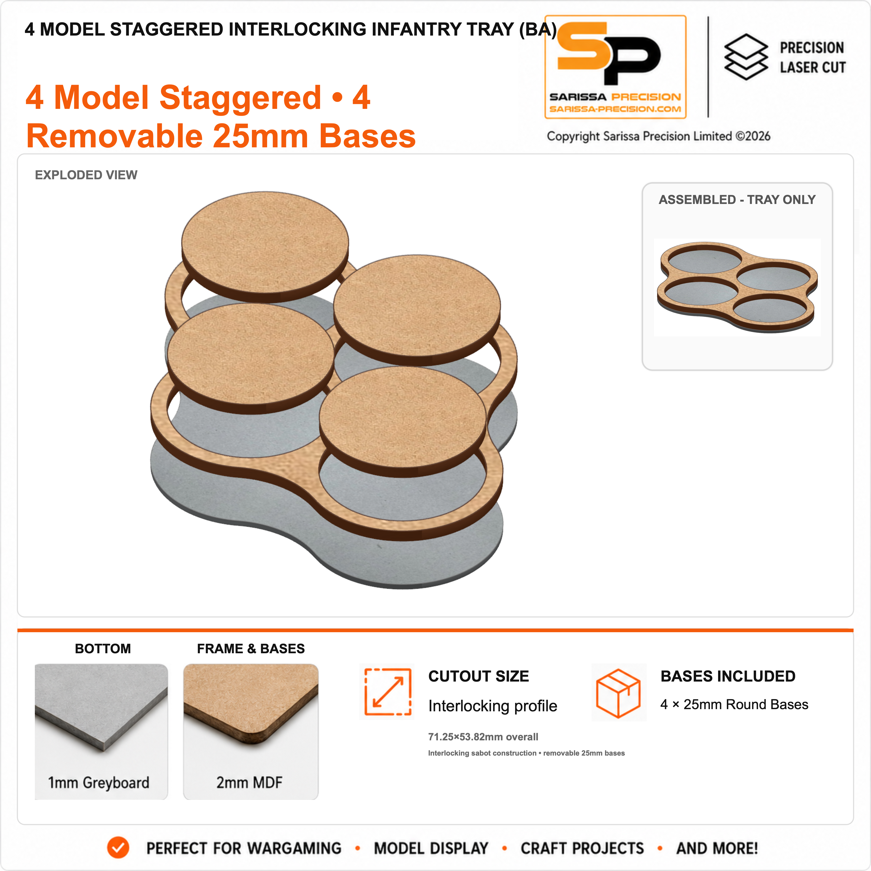 4 Model Staggered Interlocking Infantry Tray (BA) – 1mm Greyboard / 2mm MDF Top & Bases