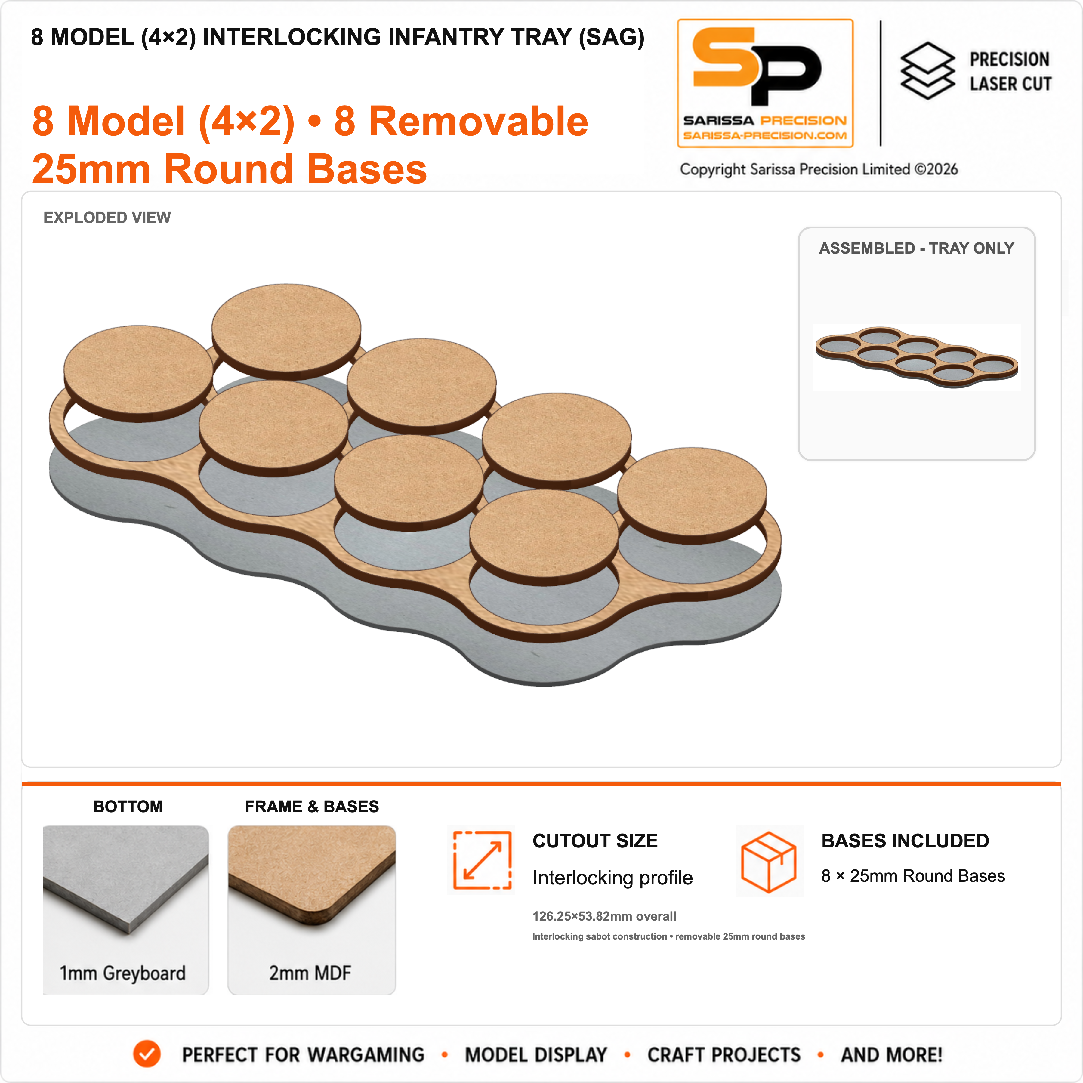 8 Model (4×2) Interlocking Infantry Tray (SAG) – 1mm Greyboard / 2mm MDF Top & Bases