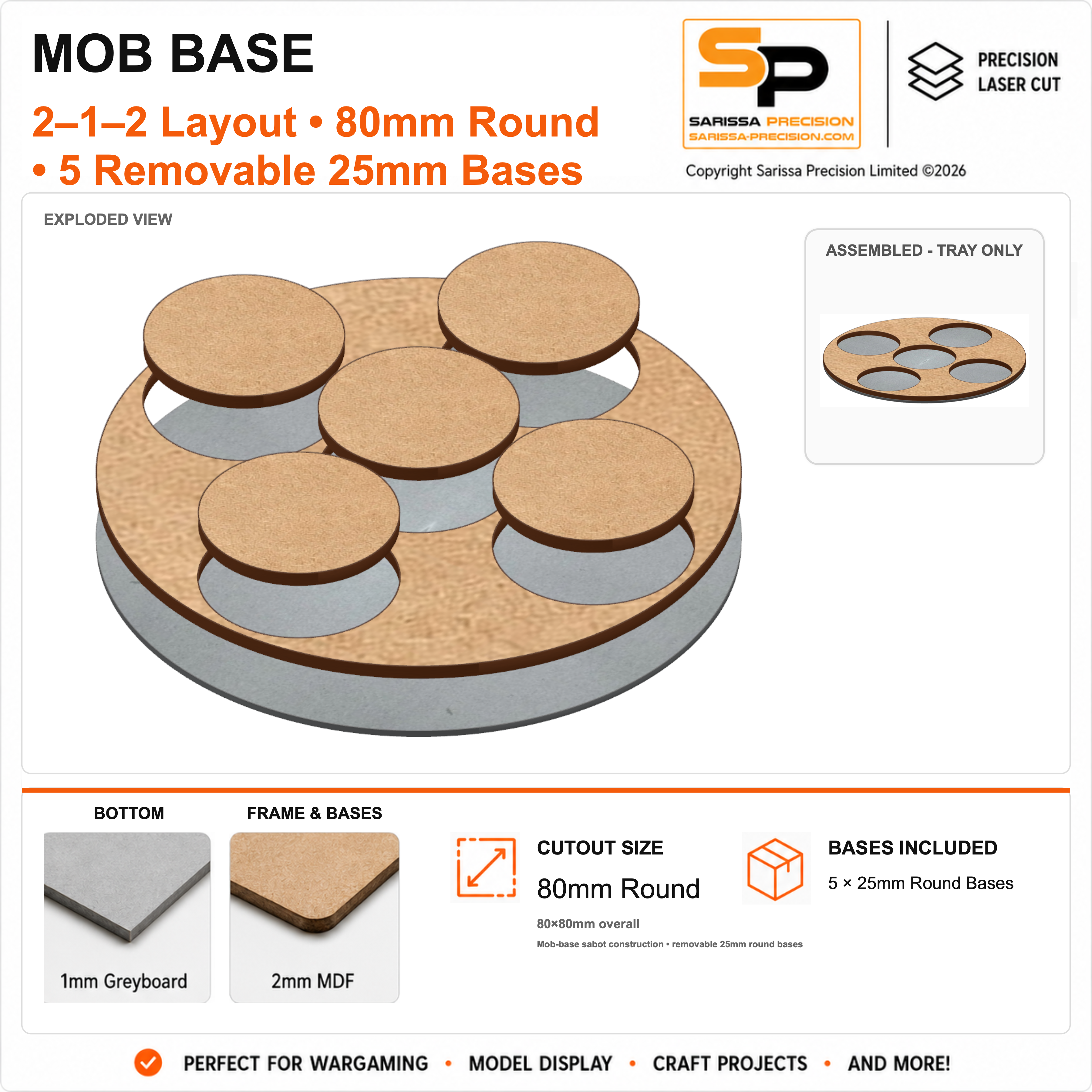 Gangs of Rome 80mm Mob Sabot Base for 25mm Round Bases – 80mm Round - 2-1-2 Layout / 1mm Greyboard / 2mm MDF Top & Bases