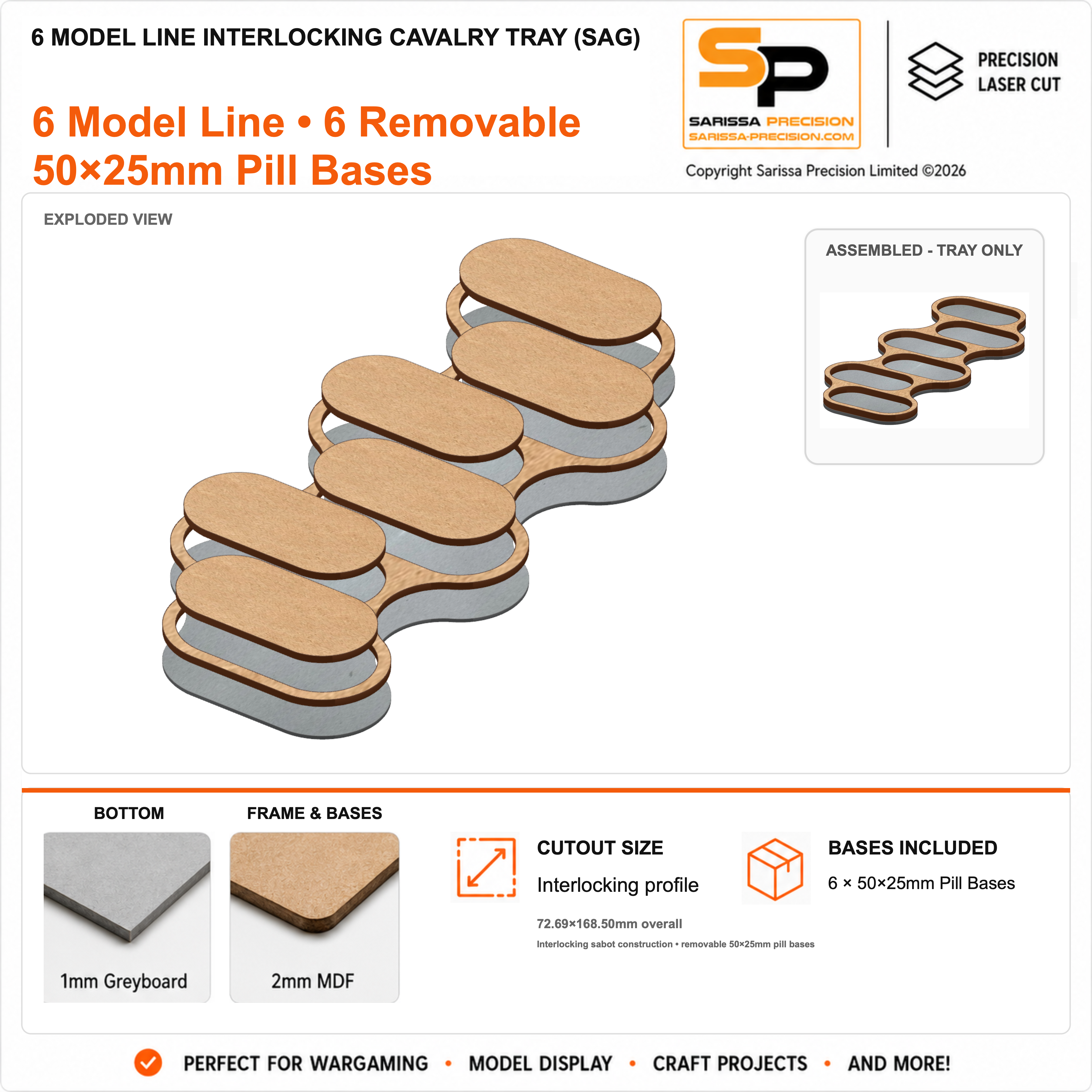 6 Model Line Interlocking Cavalry Tray (SAG) – 1mm Greyboard / 2mm MDF Top & Bases