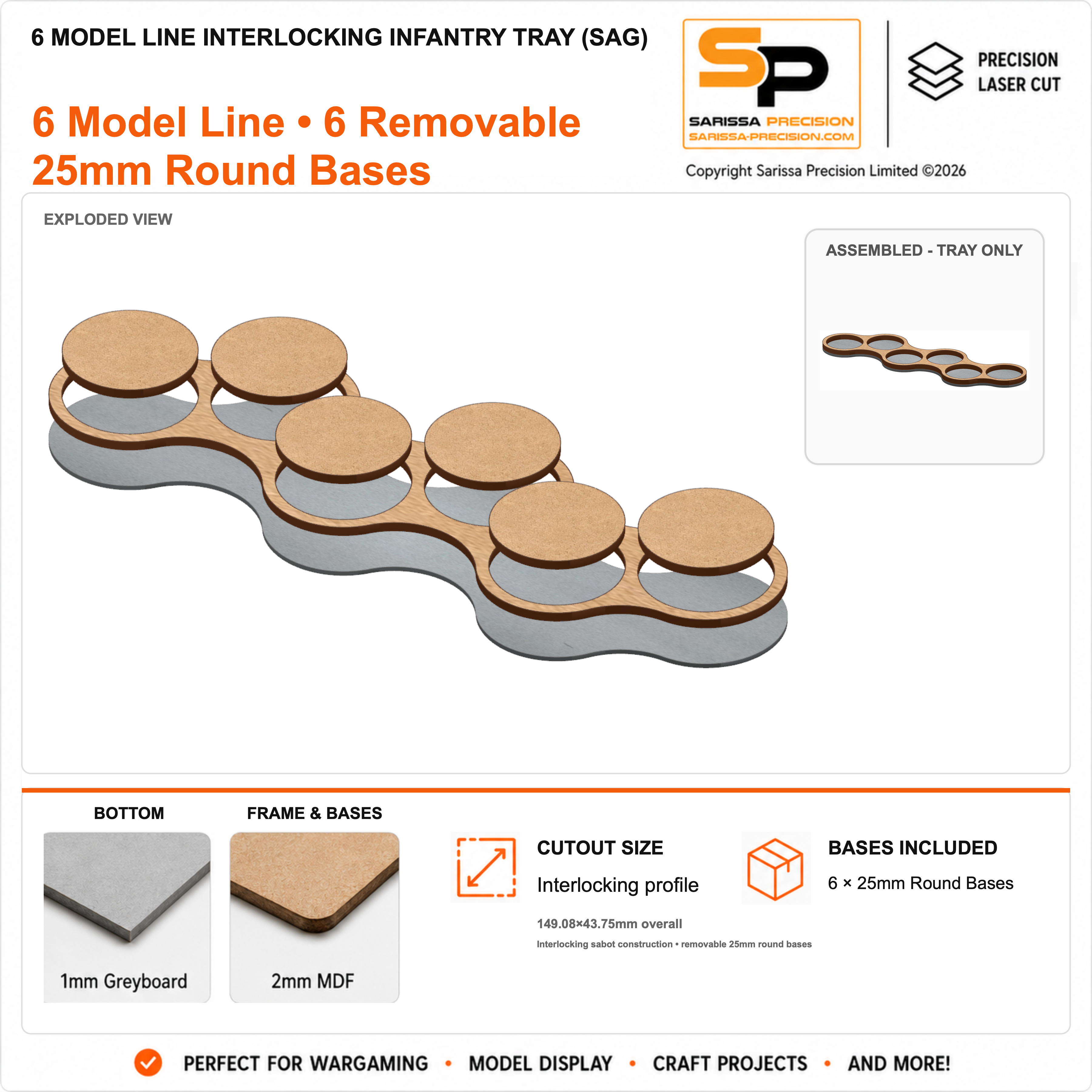 6 Model Line Interlocking Infantry Tray (SAG) – 1mm Greyboard / 2mm MDF Top & Bases
