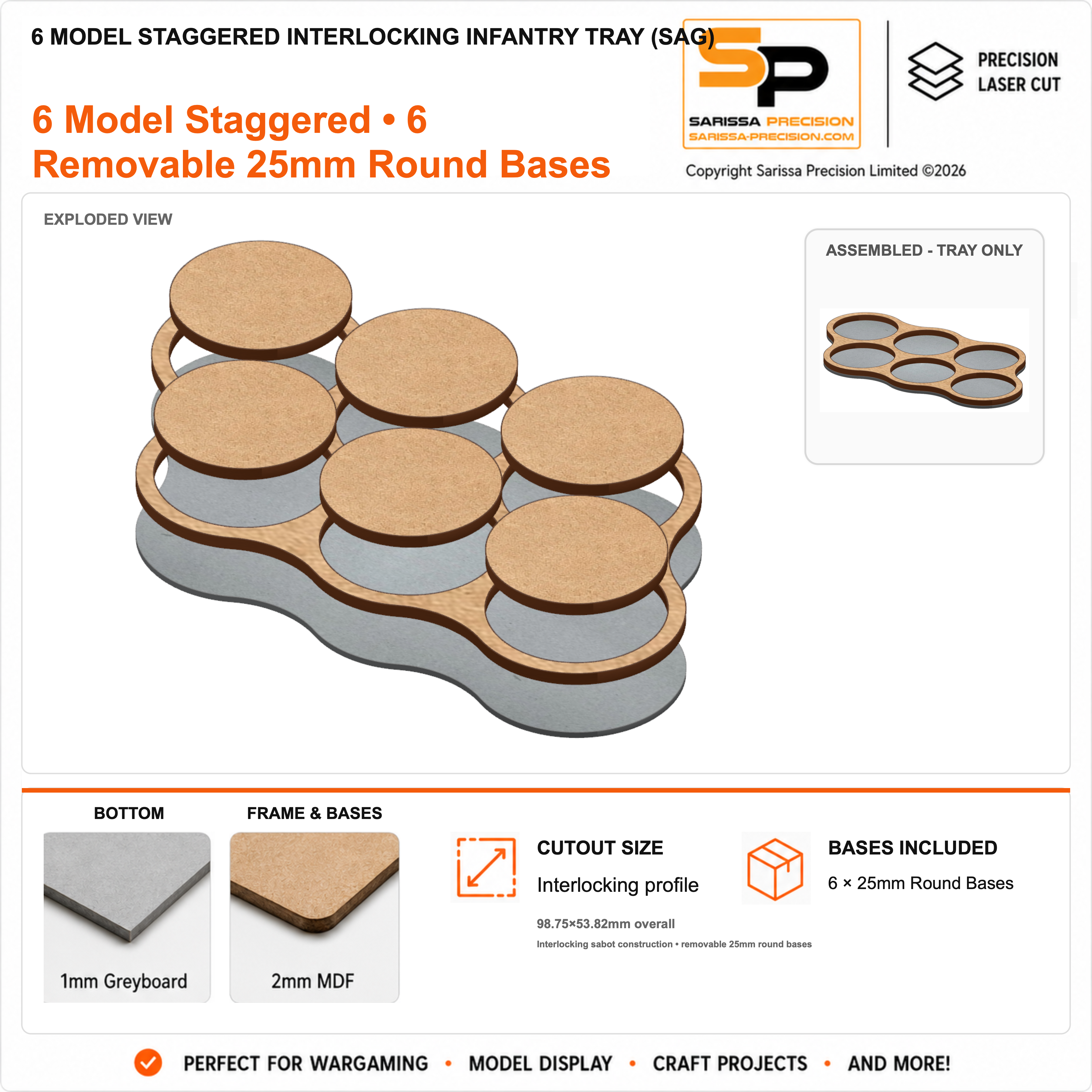6 Model Staggered Interlocking Infantry Tray (SAG) – 1mm Greyboard / 2mm MDF Top & Bases