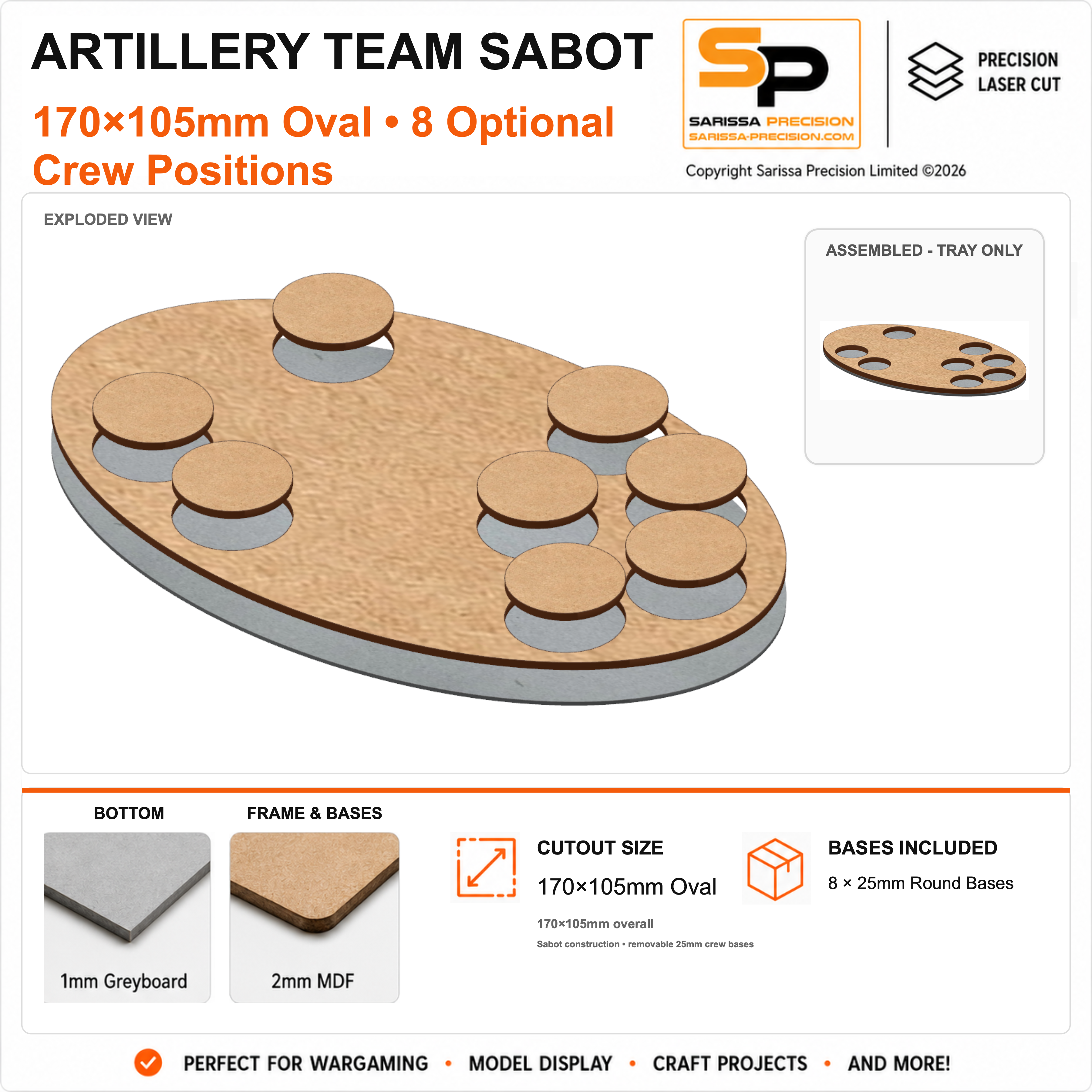 170×105mm Large Artillery Team Base for 25mm Round Bases – 1mm Greyboard / 2mm MDF Top & Bases