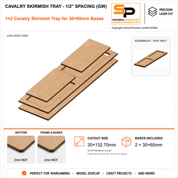 30×60mm Cavalry Skirmish Tray - 1/2" Spacing (GW) – 1×2 – 2 bases / 2mm MDF