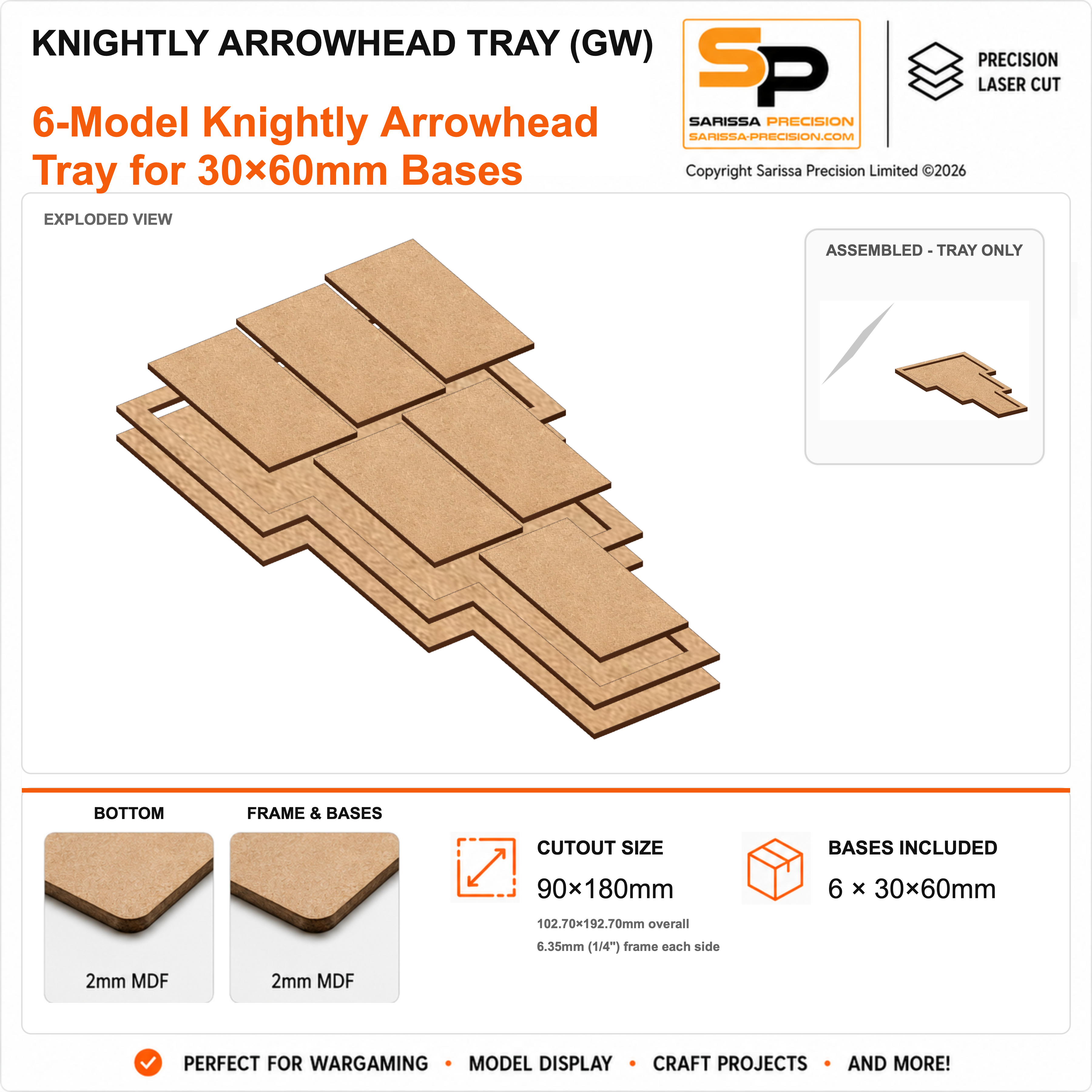 Knightly 6 Arrowhead Tray for 30×60mm Bases (GW) – 2mm MDF