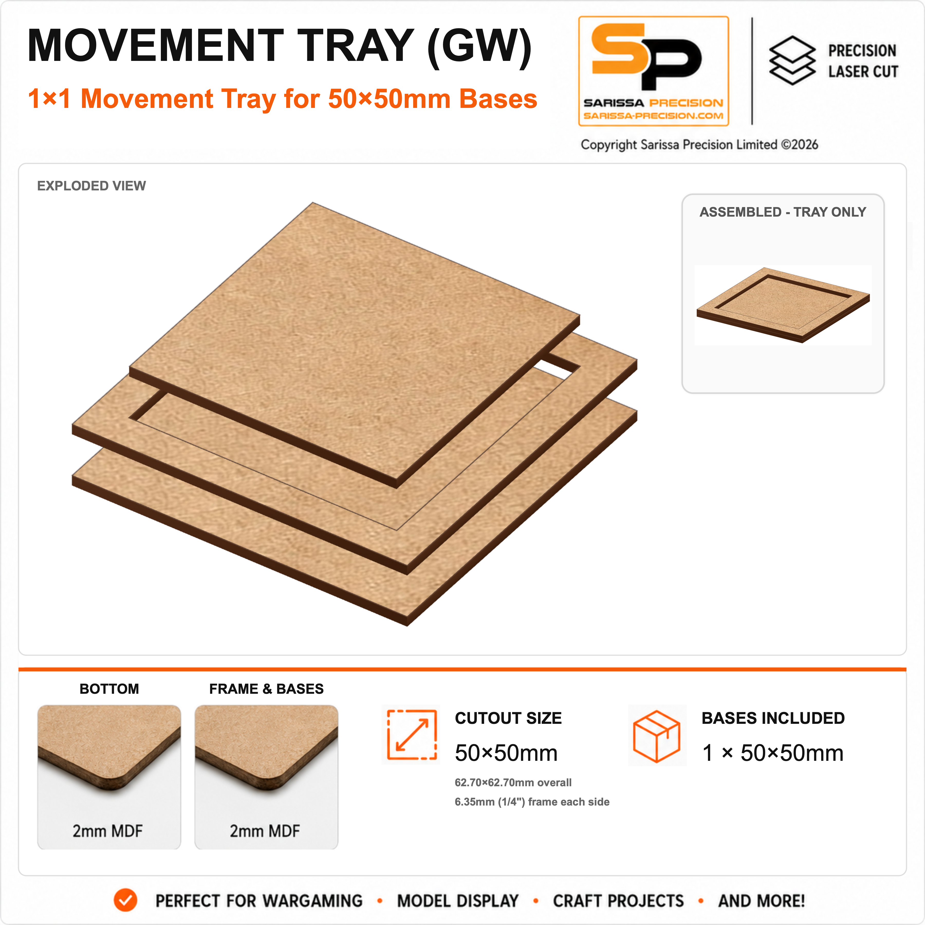 50×50mm Movement Tray (GW) – 1×1 – 1 base / 2mm MDF