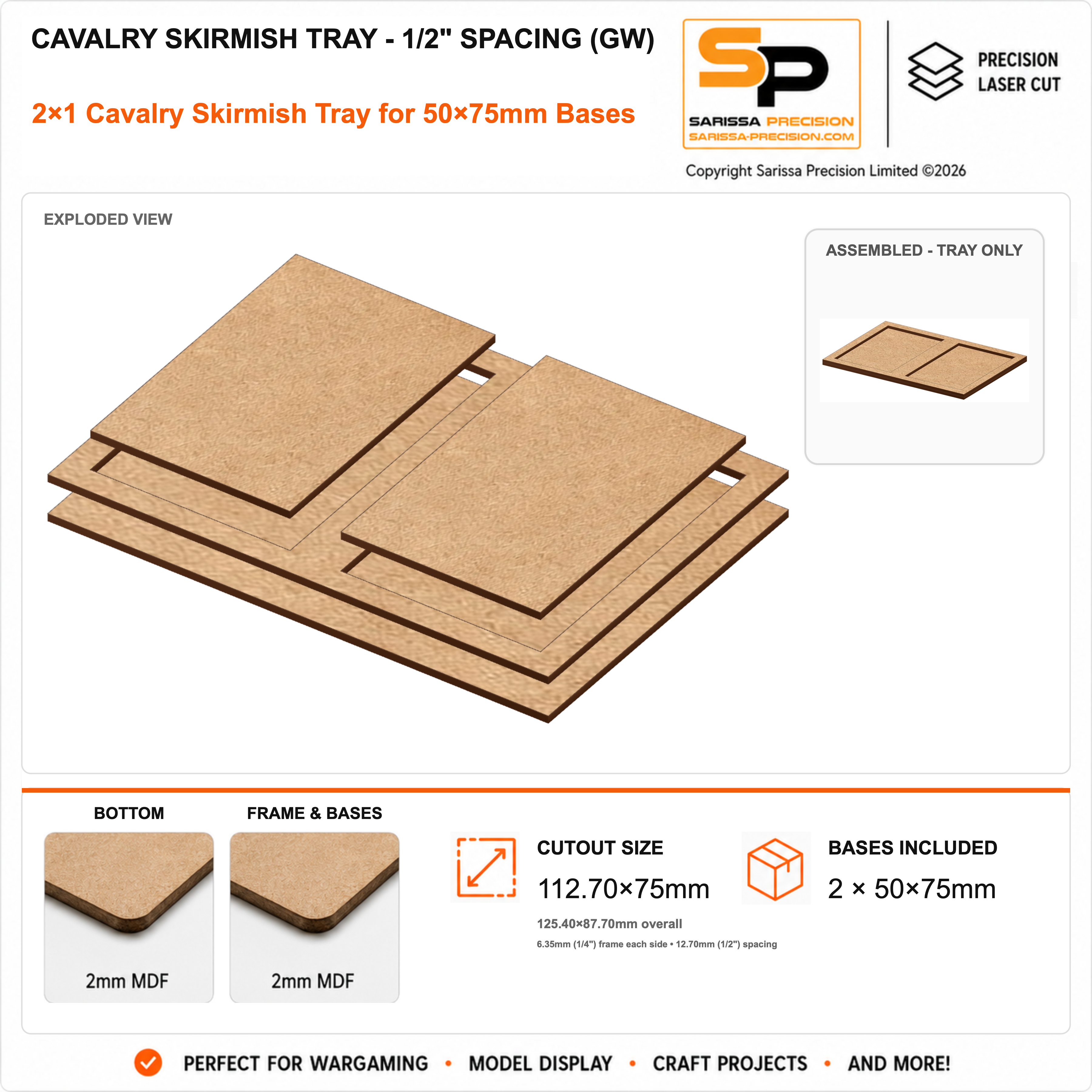 50×75mm Cavalry Skirmish Tray - 1/2" Spacing (GW) – 2×1 – 2 bases / 2mm MDF