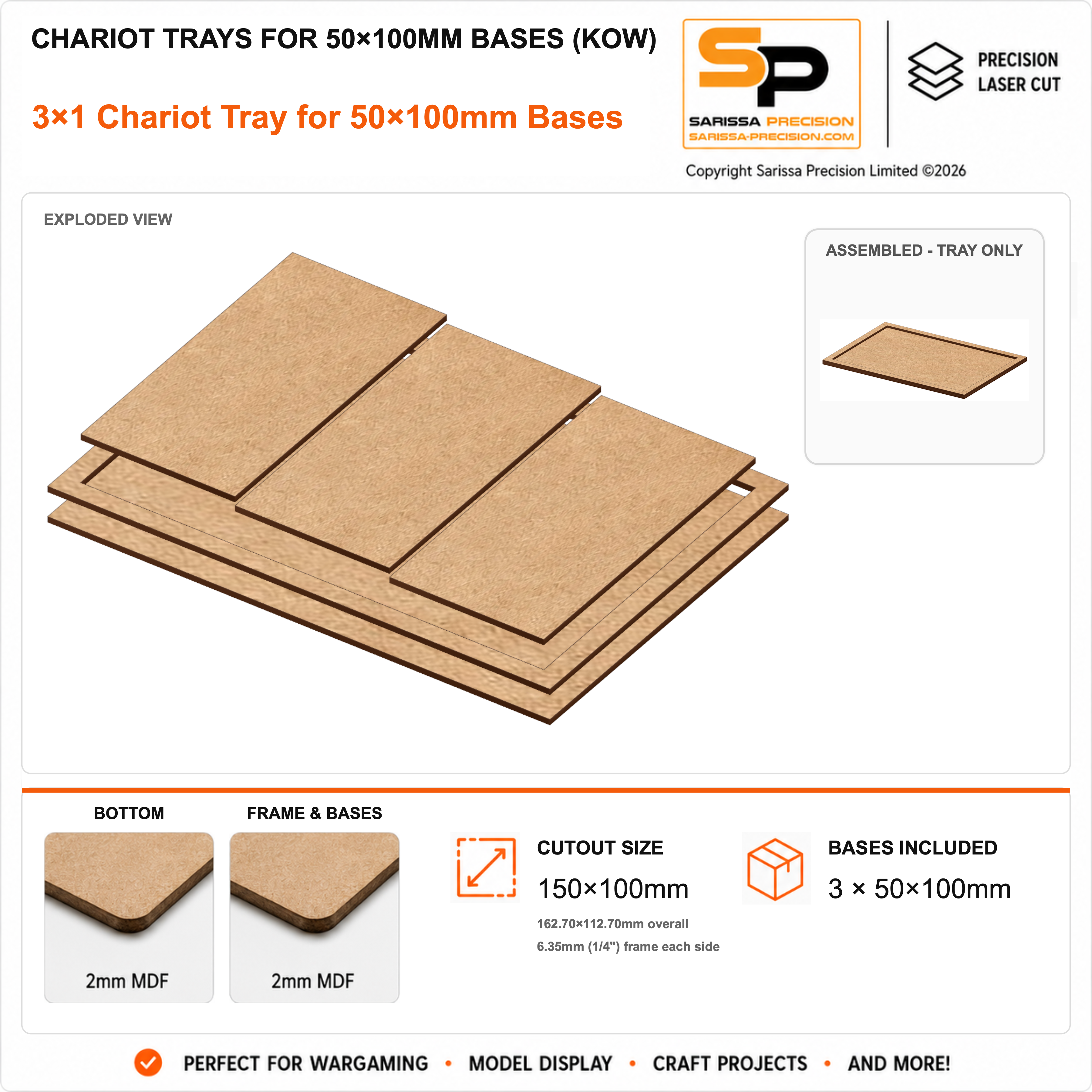 Chariot Trays for 50×100mm Bases (KoW) – Regiment – 3×1 (150×100mm) / 2mm MDF