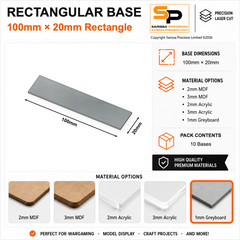 Rectangular Bases – 20mm Deep – 100×20mm (×10) / 1mm Greyboard / Rounded Corners