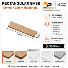 Rectangular Bases – 20mm Deep – 100×20mm (×10) / 2mm MDF / Rounded Corners