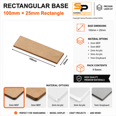 Rectangular Bases – 25mm Deep – 100×25mm (×8) / 2mm MDF / Rounded Corners