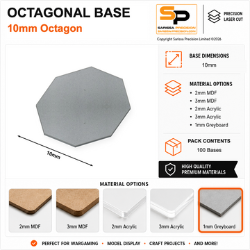 Octagonal Bases – 10mm (×100) / 1mm Greyboard