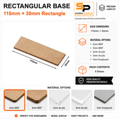 Rectangular Bases – 30mm Deep – 110×30mm (×6) / 2mm MDF / Rounded Corners