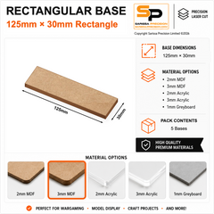 Rectangular Bases – 30mm Deep – 125×30mm (×5) / 3mm MDF / Rounded Corners