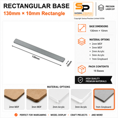 Rectangular Bases – 10mm Deep – 130×10mm (×16) / 1mm Greyboard / Rounded Corners