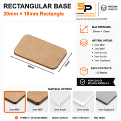 Rectangular Bases – 10mm Deep – 20×10mm (×100) / 2mm MDF / Rounded Corners