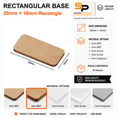 Rectangular Bases – 10mm Deep – 25×10mm (×80) / 3mm MDF / Rounded Corners