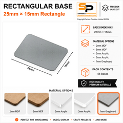Rectangular Bases – 15mm Deep – 25×15mm (×56) / 1mm Greyboard / Rounded Corners