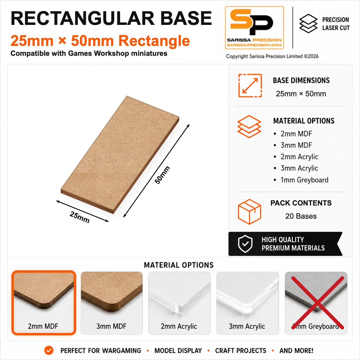 Rectangular Bases (GW) – 25×50mm (×20) / 2mm MDF